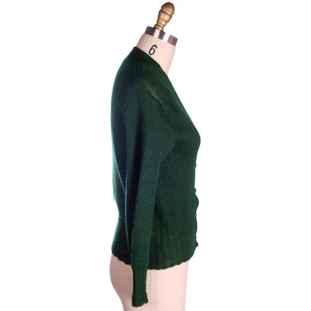Vintage Cardigan Sweater  Wool Knit Green 1940s 4" Ribbed Waistband Distressed M