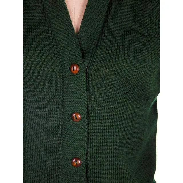 Vintage Cardigan Sweater  Wool Knit Green 1940s 4" Ribbed Waistband Distressed M