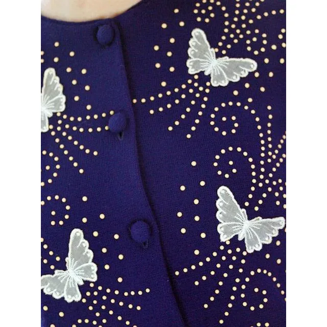Vintage Orlon Acrylic Cardigan Navy Blue Beaded Appliques Butterflies 1950s