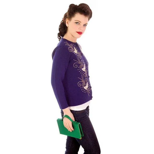 Vintage Orlon Acrylic Cardigan Navy Blue Beaded Appliques Butterflies 1950s