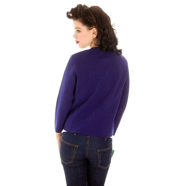 Vintage Orlon Acrylic Cardigan Navy Blue Beaded Appliques Butterflies 1950s