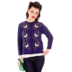 Vintage Orlon Acrylic Cardigan Navy Blue Beaded Appliques Butterflies 1950s