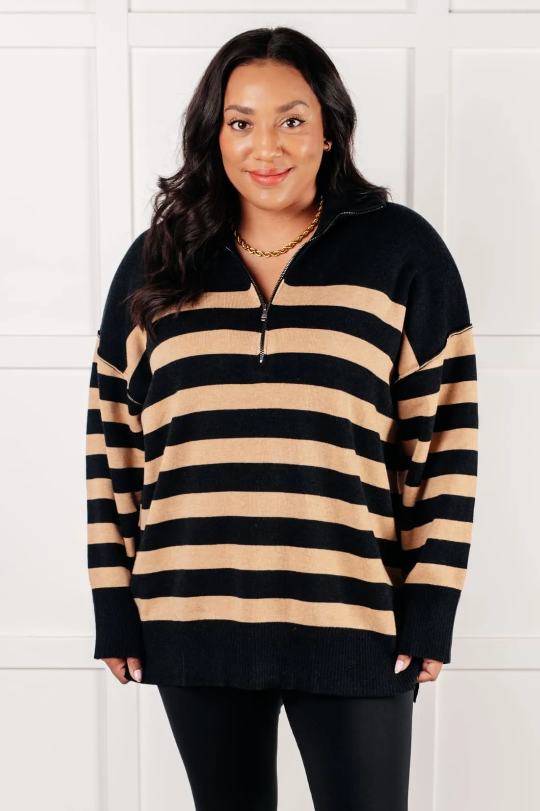Well Situated Striped Quarter Zip Tunic Sweater in Black and Tan
