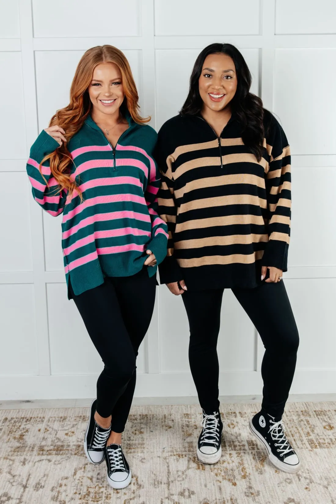 Well Situated Striped Quarter Zip Tunic Sweater in Black and Tan