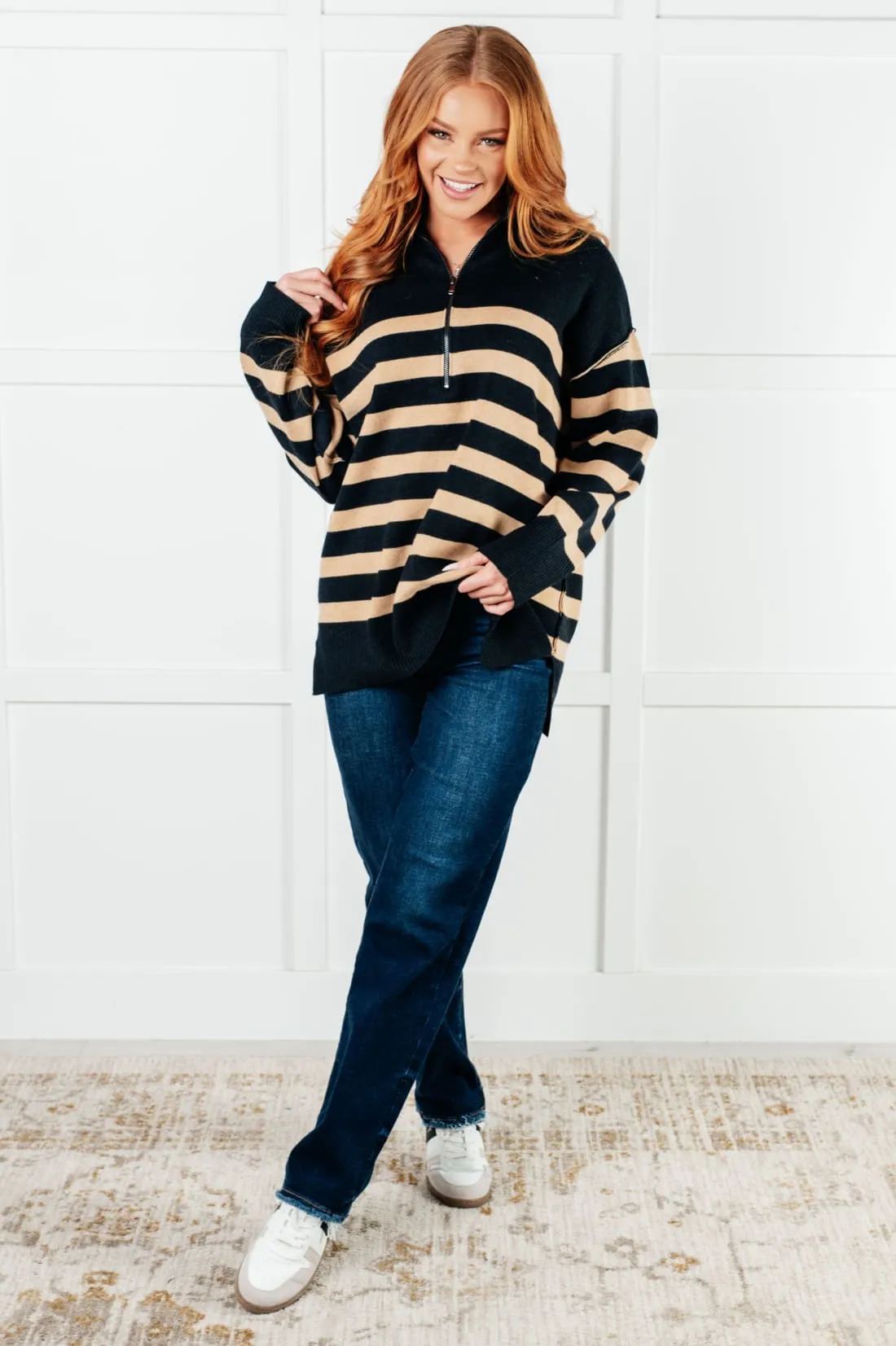 Well Situated Striped Quarter Zip Tunic Sweater in Black and Tan