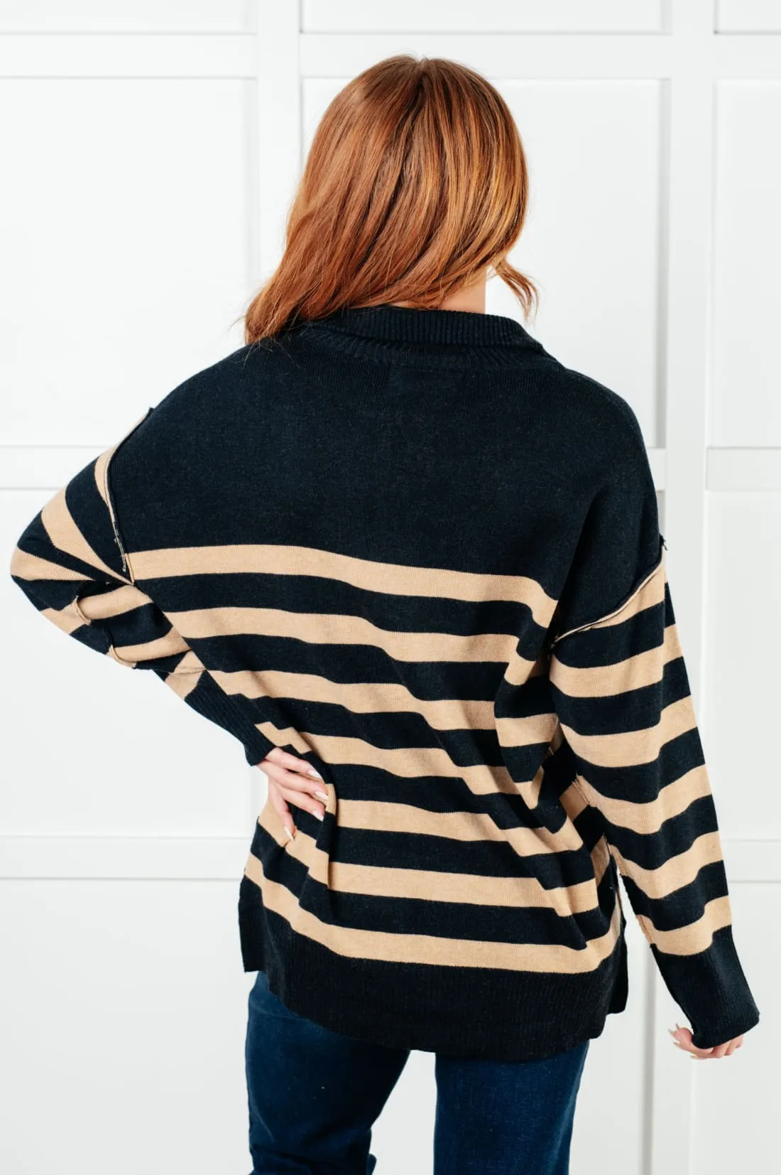 Well Situated Striped Quarter Zip Tunic Sweater in Black and Tan
