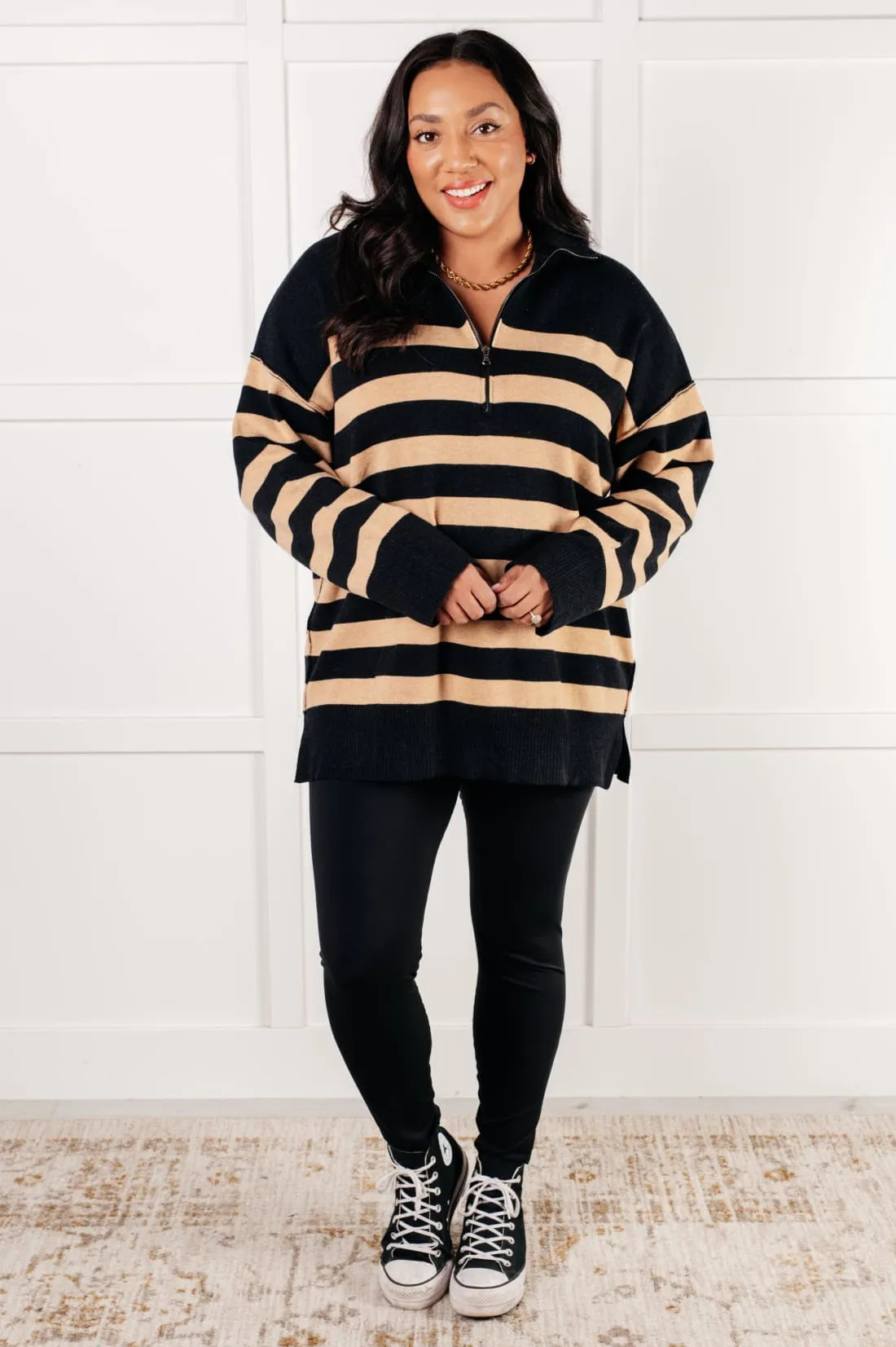 Well Situated Striped Quarter Zip Tunic Sweater in Black and Tan