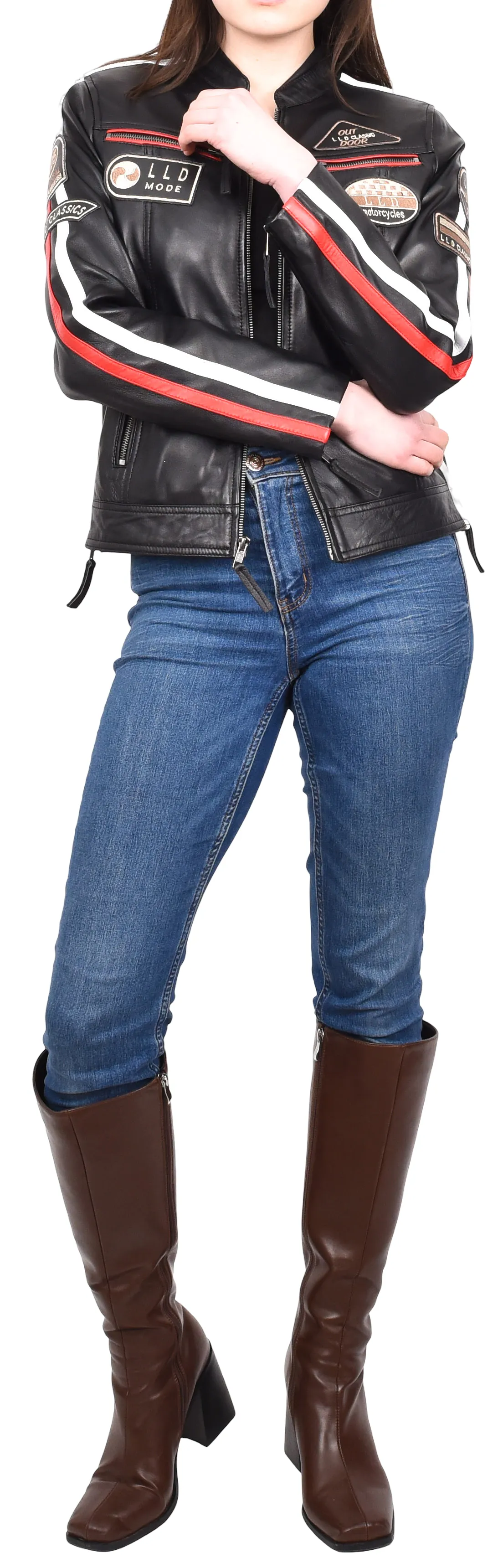 Womens Biker Leather Jacket Racing Style Badges Moto Coat Black Rivy