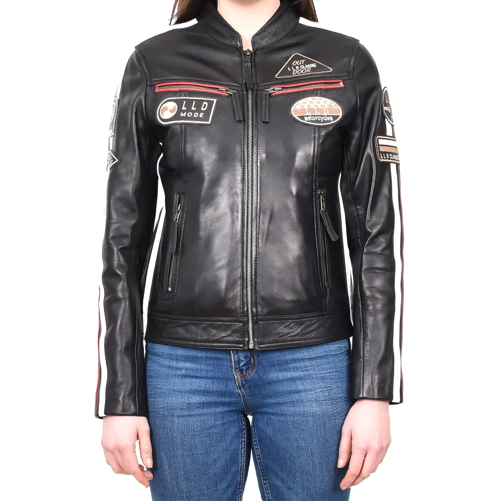Womens Biker Leather Jacket Racing Style Badges Moto Coat Black Rivy