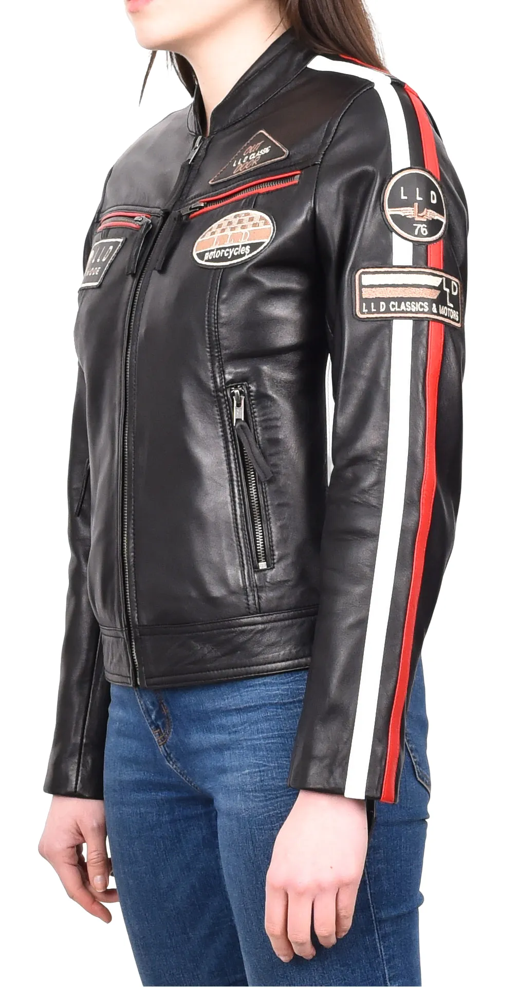 Womens Biker Leather Jacket Racing Style Badges Moto Coat Black Rivy