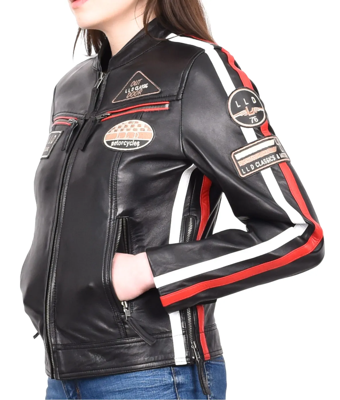 Womens Biker Leather Jacket Racing Style Badges Moto Coat Black Rivy