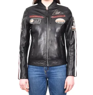 Womens Biker Leather Jacket Racing Style Badges Moto Coat Black Rivy