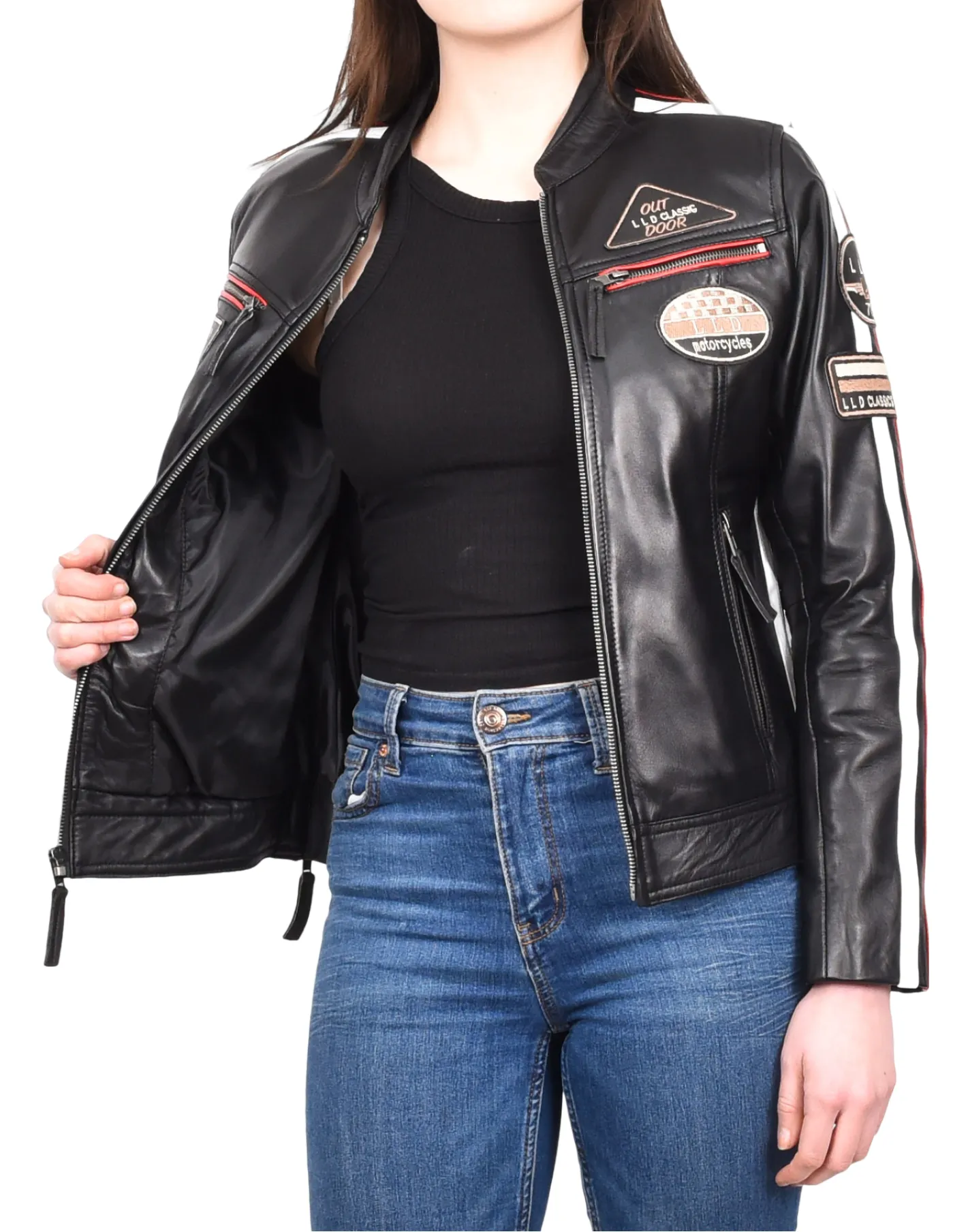 Womens Biker Leather Jacket Racing Style Badges Moto Coat Black Rivy