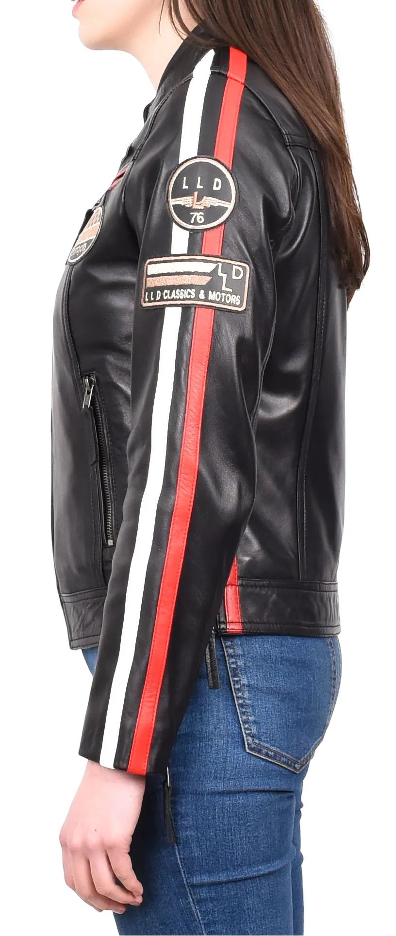 Womens Biker Leather Jacket Racing Style Badges Moto Coat Black Rivy