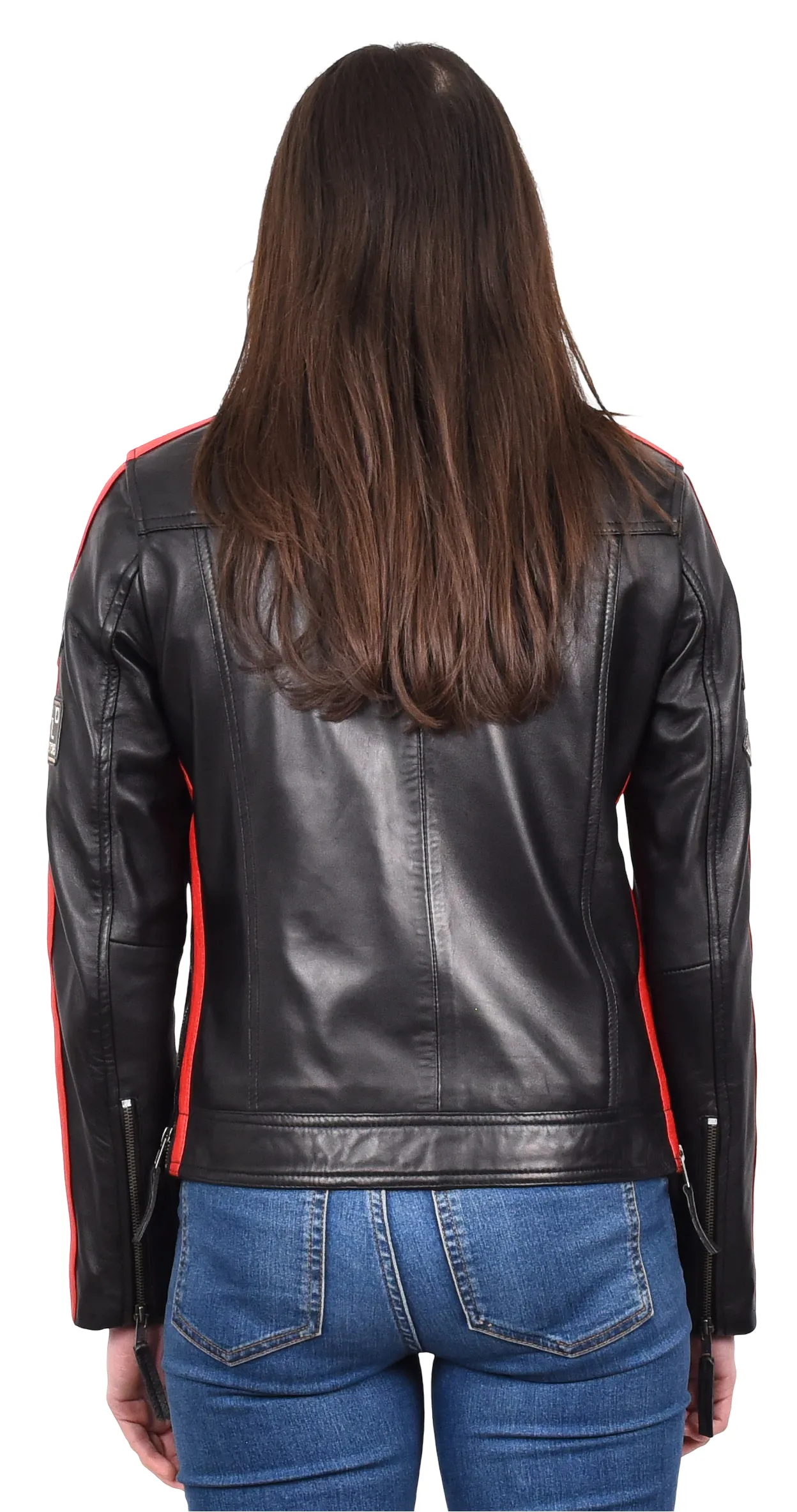 Womens Biker Leather Jacket Racing Style Badges Moto Coat Black Rivy