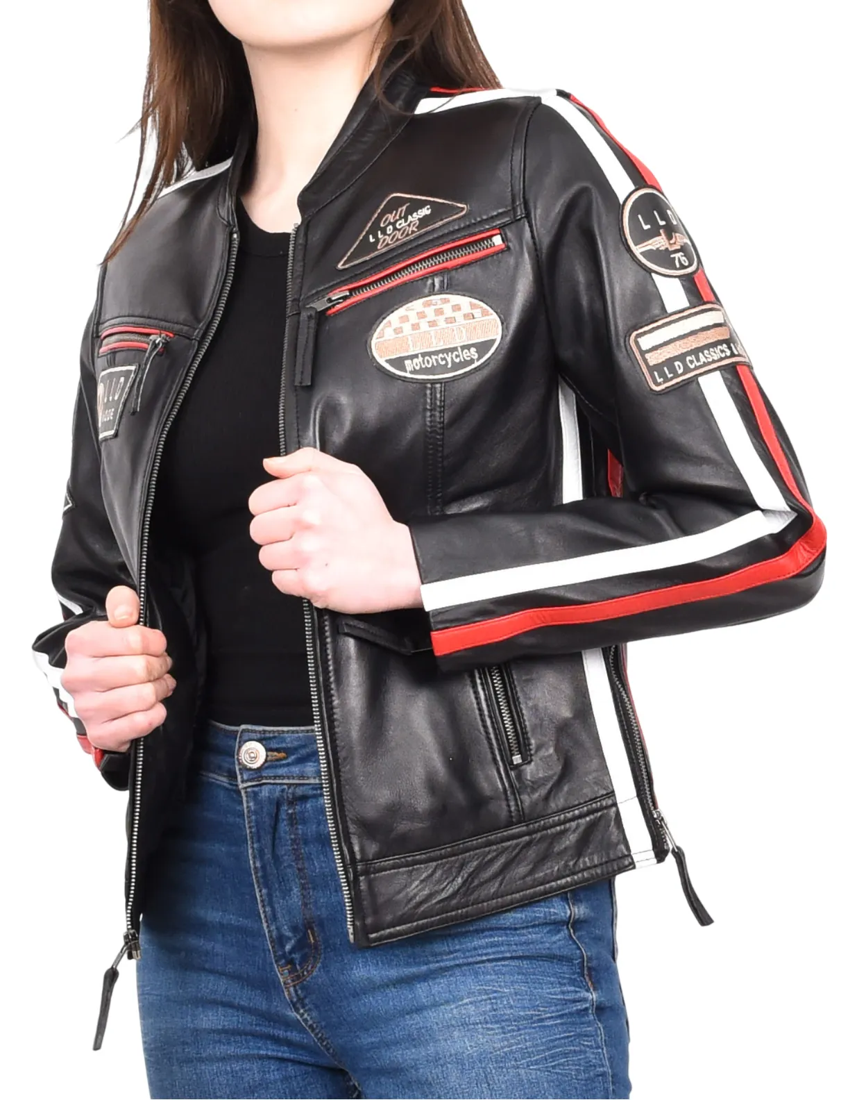 Womens Biker Leather Jacket Racing Style Badges Moto Coat Black Rivy