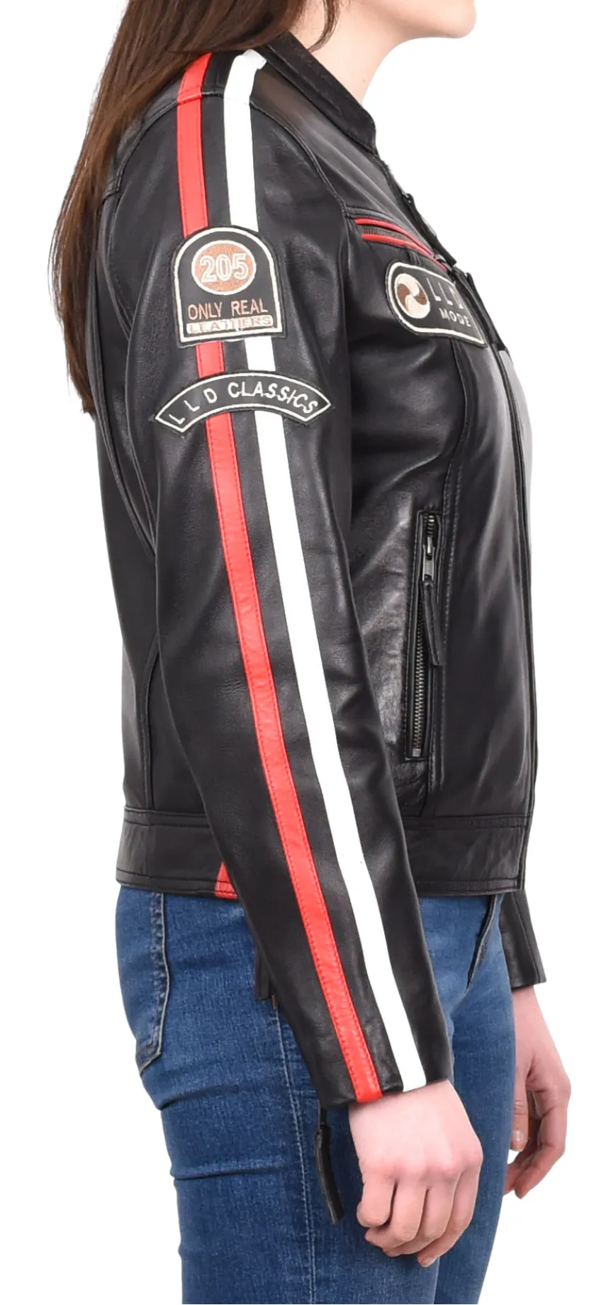 Womens Biker Leather Jacket Racing Style Badges Moto Coat Black Rivy