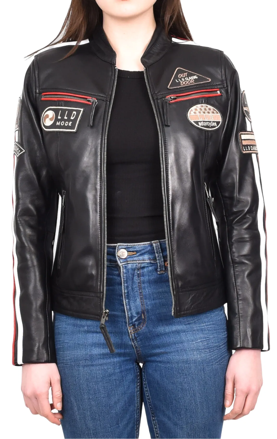 Womens Biker Leather Jacket Racing Style Badges Moto Coat Black Rivy
