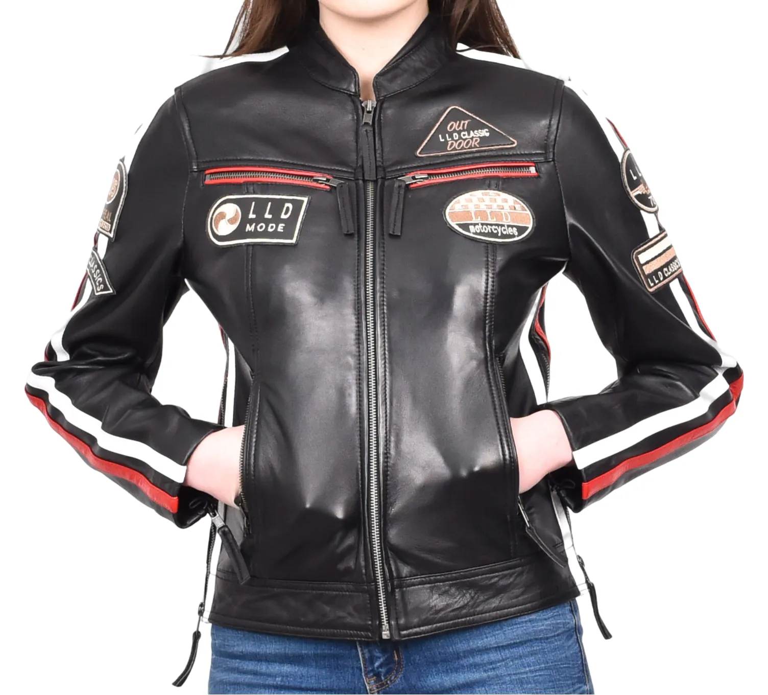 Womens Biker Leather Jacket Racing Style Badges Moto Coat Black Rivy