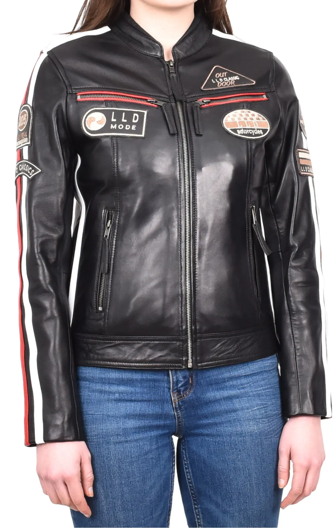Womens Biker Leather Jacket Racing Style Badges Moto Coat Black Rivy