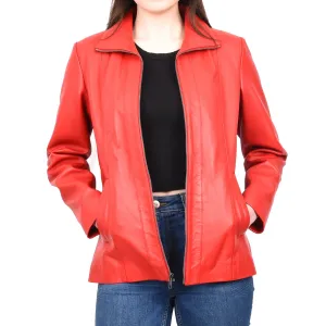 Women's Casual Semi Fitted Real Leather Jacket Red Raven2