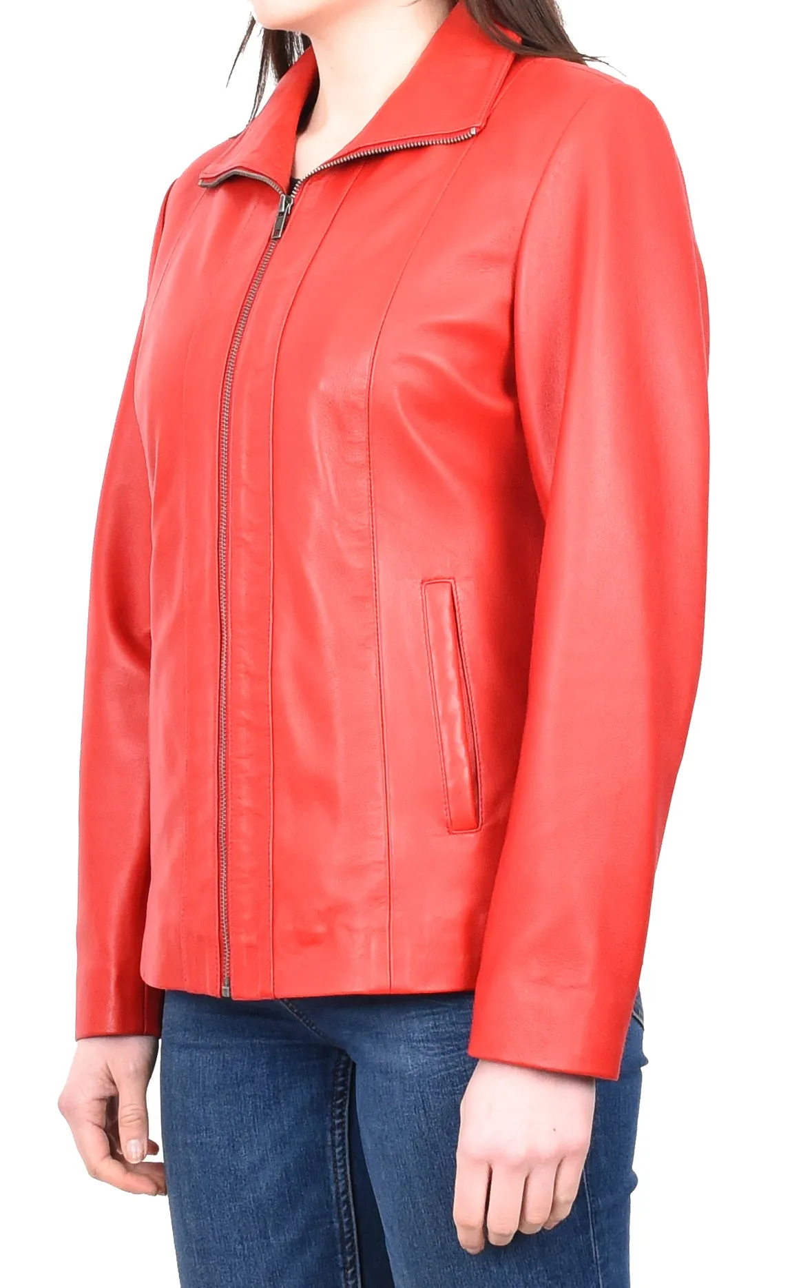 Women's Casual Semi Fitted Real Leather Jacket Red Raven2