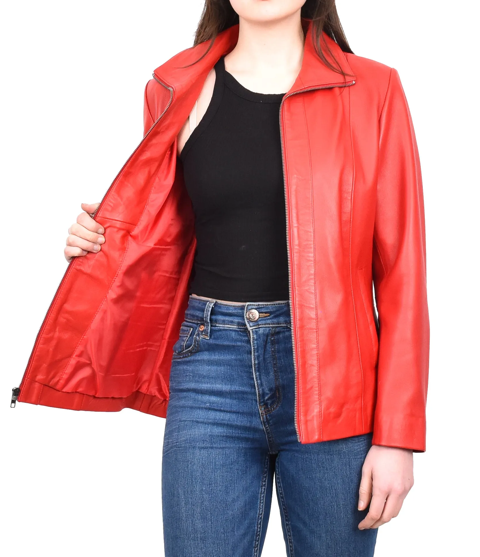 Women's Casual Semi Fitted Real Leather Jacket Red Raven2