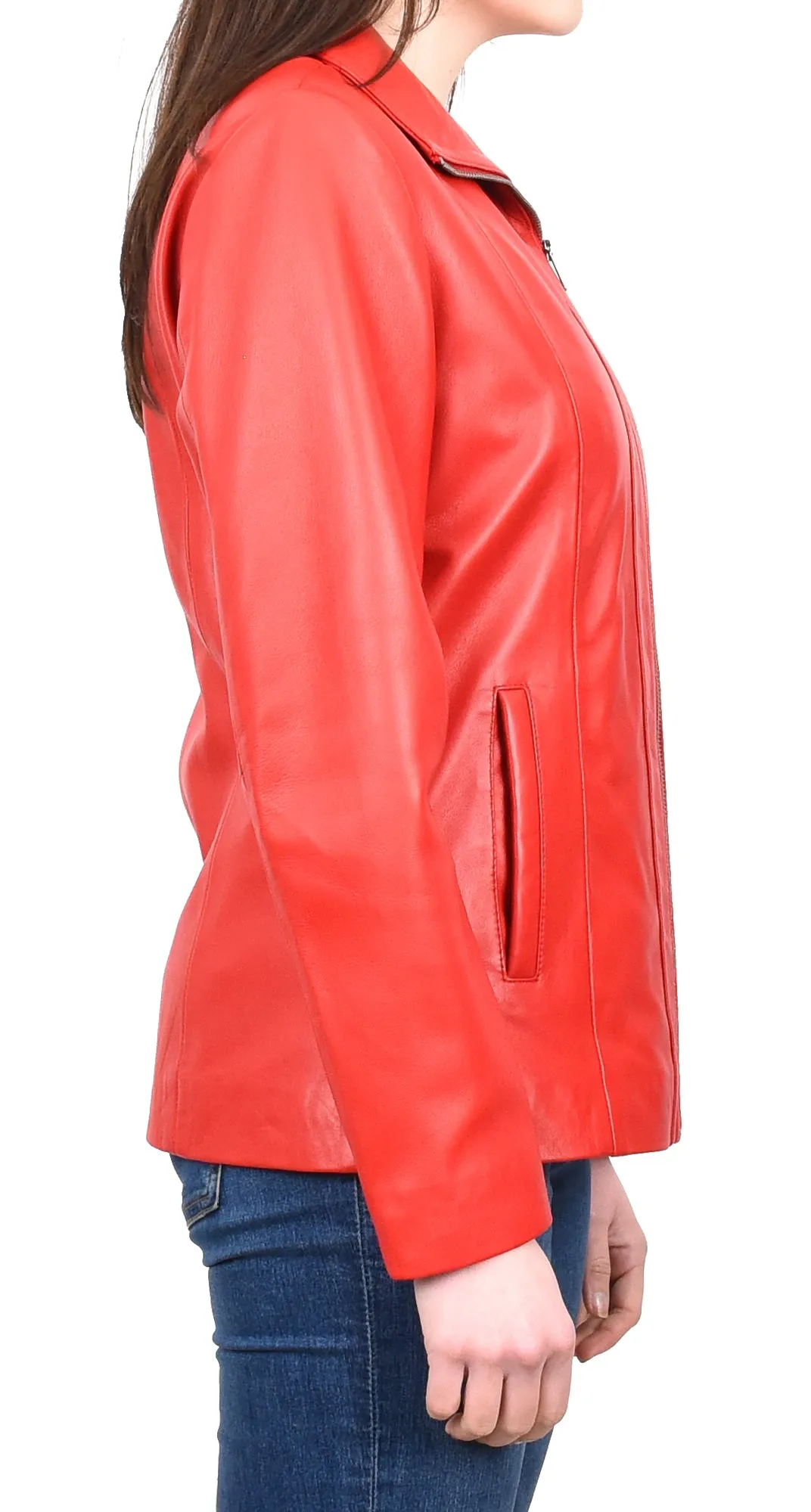 Women's Casual Semi Fitted Real Leather Jacket Red Raven2
