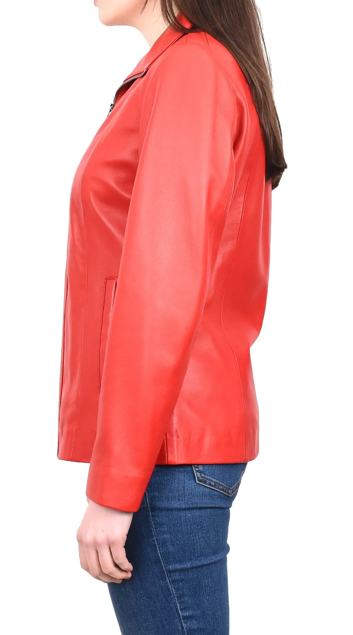 Women's Casual Semi Fitted Real Leather Jacket Red Raven2