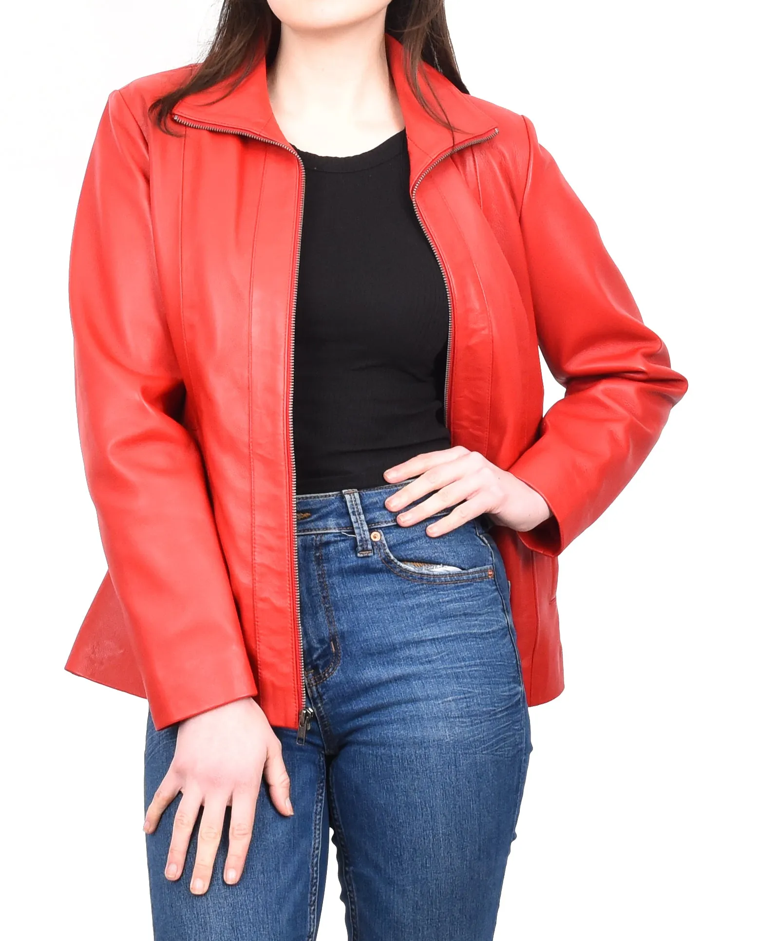 Women's Casual Semi Fitted Real Leather Jacket Red Raven2