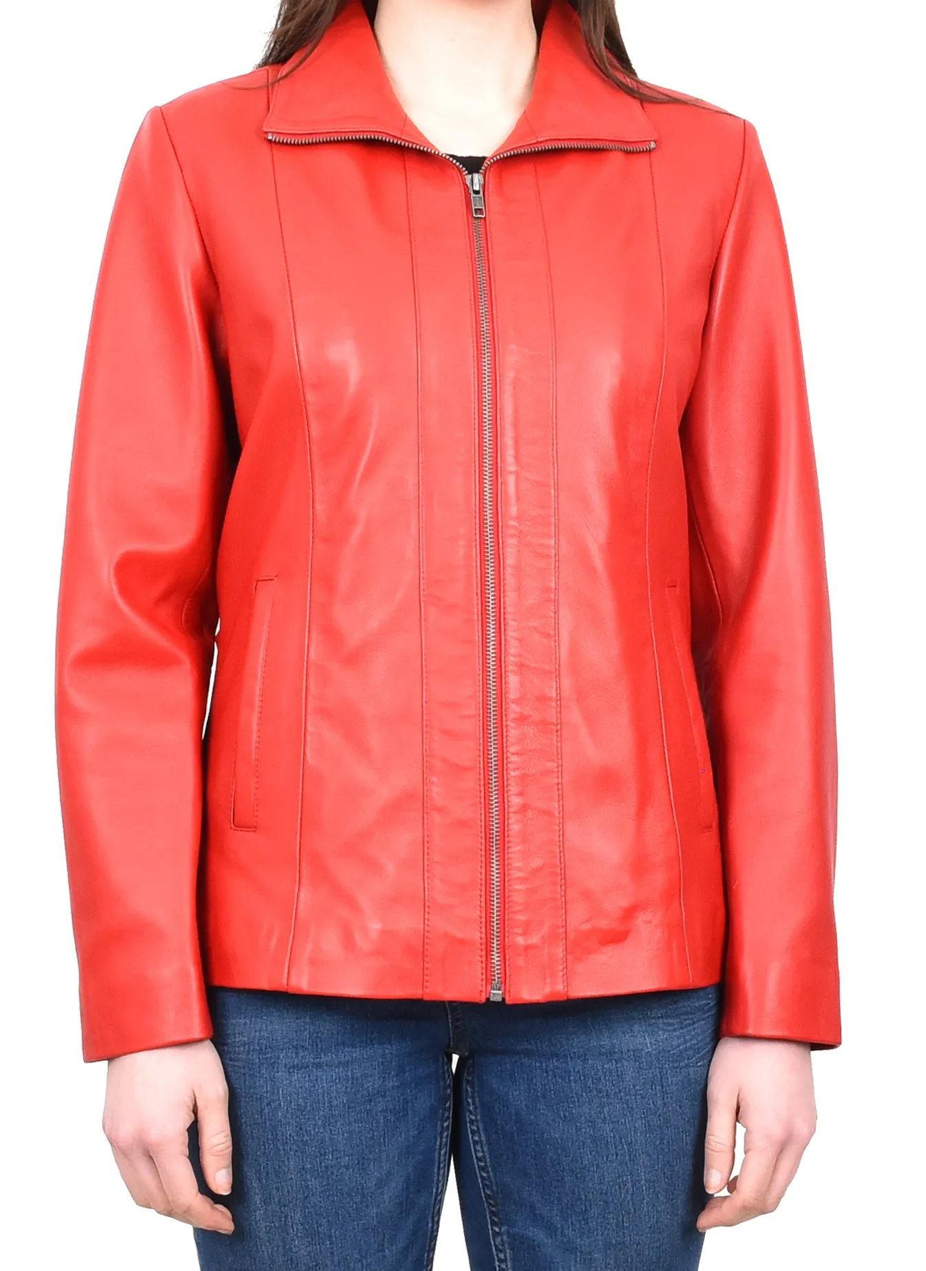 Women's Casual Semi Fitted Real Leather Jacket Red Raven2