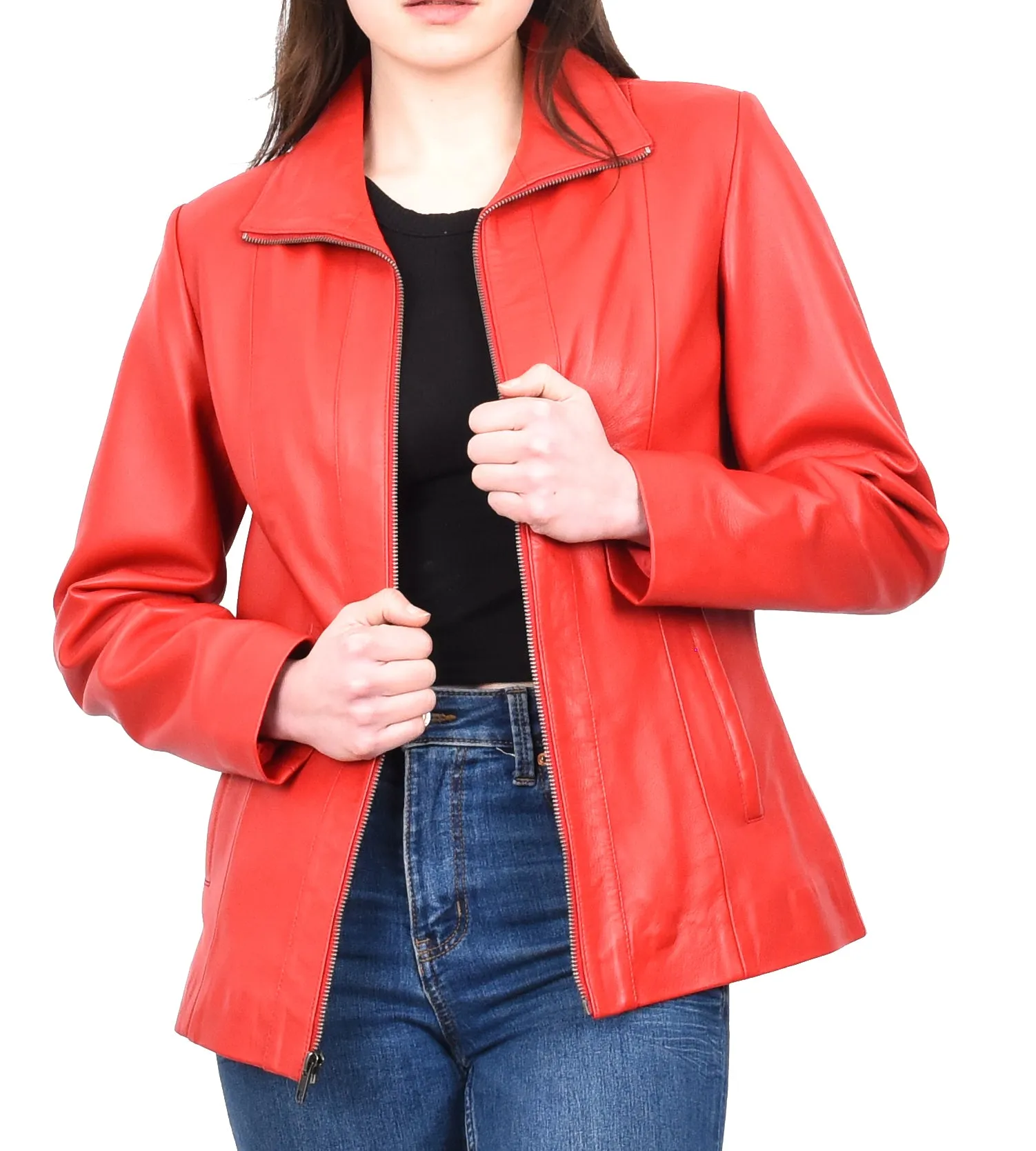 Women's Casual Semi Fitted Real Leather Jacket Red Raven2