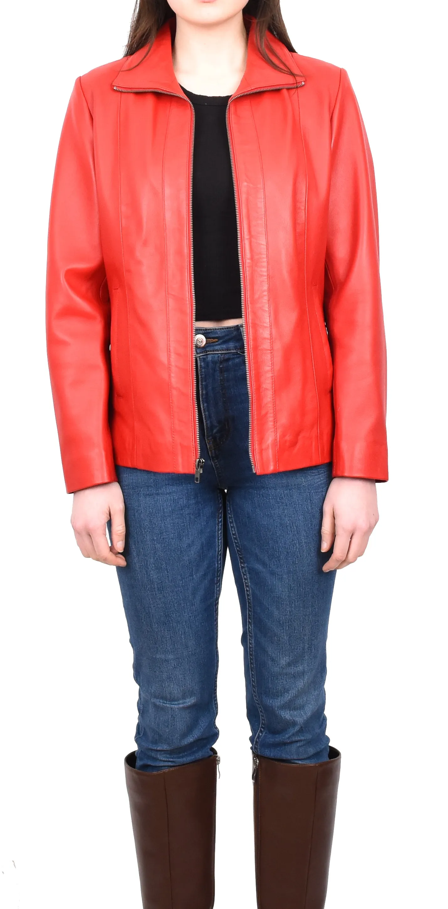 Women's Casual Semi Fitted Real Leather Jacket Red Raven2