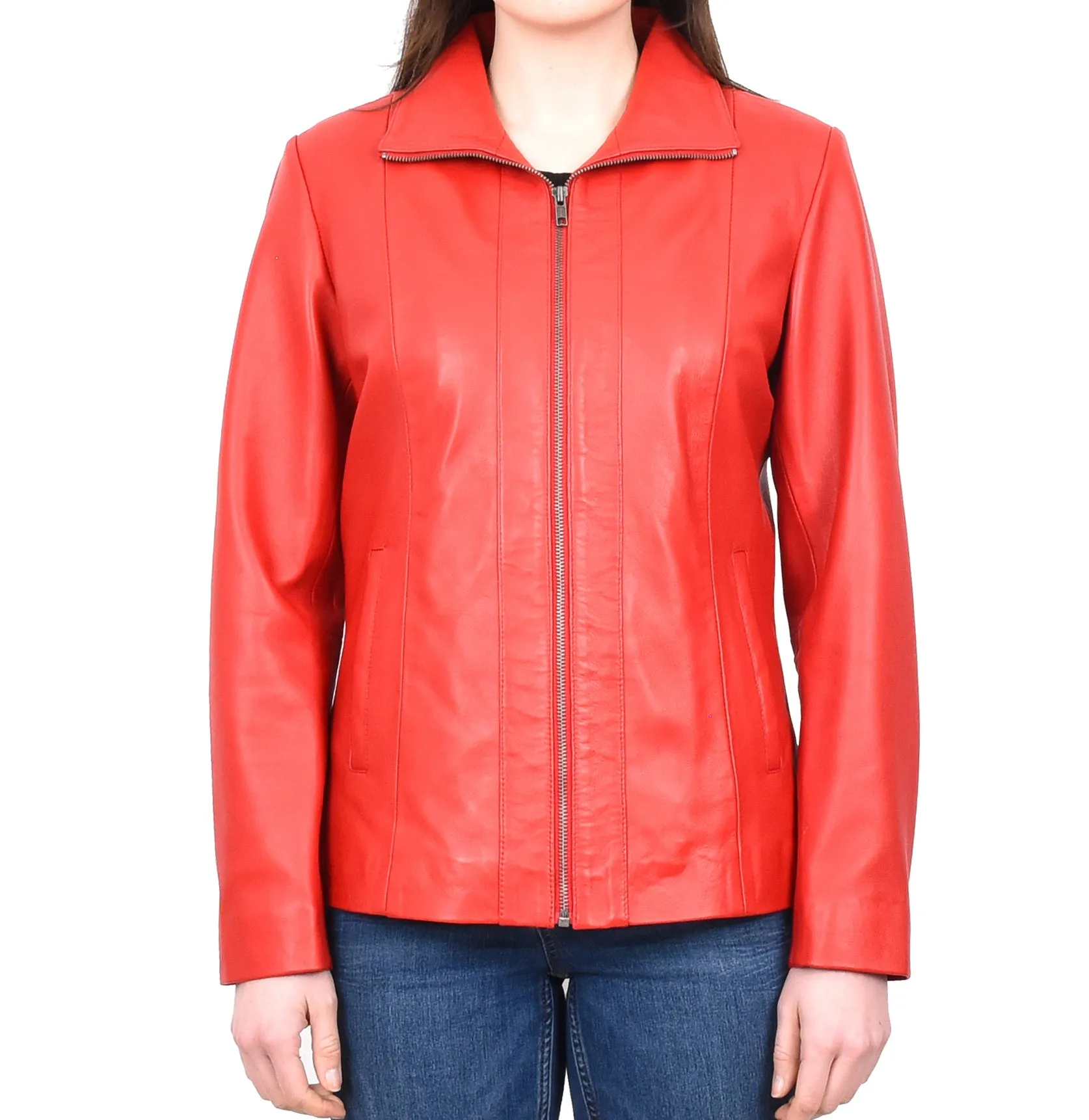Women's Casual Semi Fitted Real Leather Jacket Red Raven2