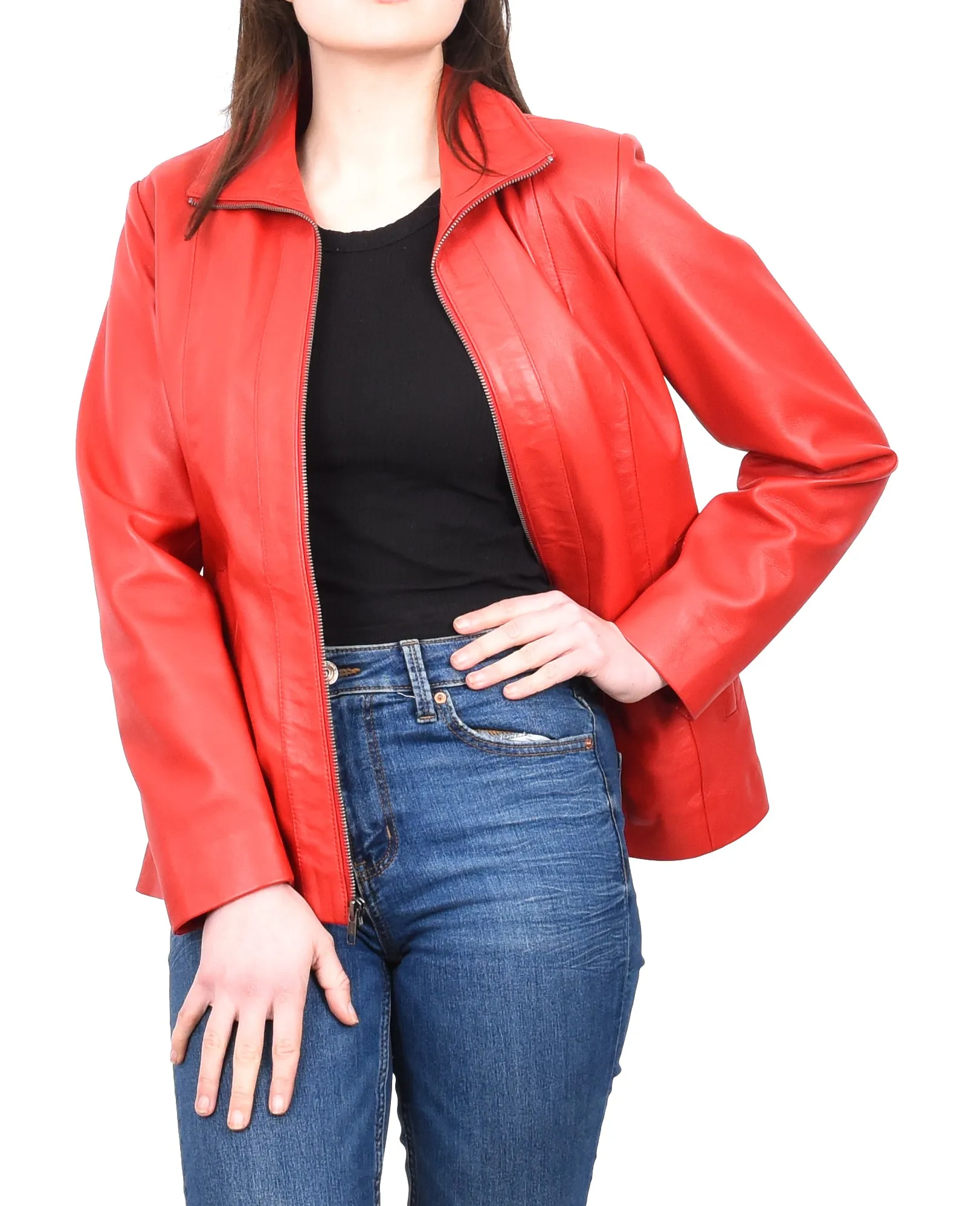 Women's Casual Semi Fitted Real Leather Jacket Red Raven2