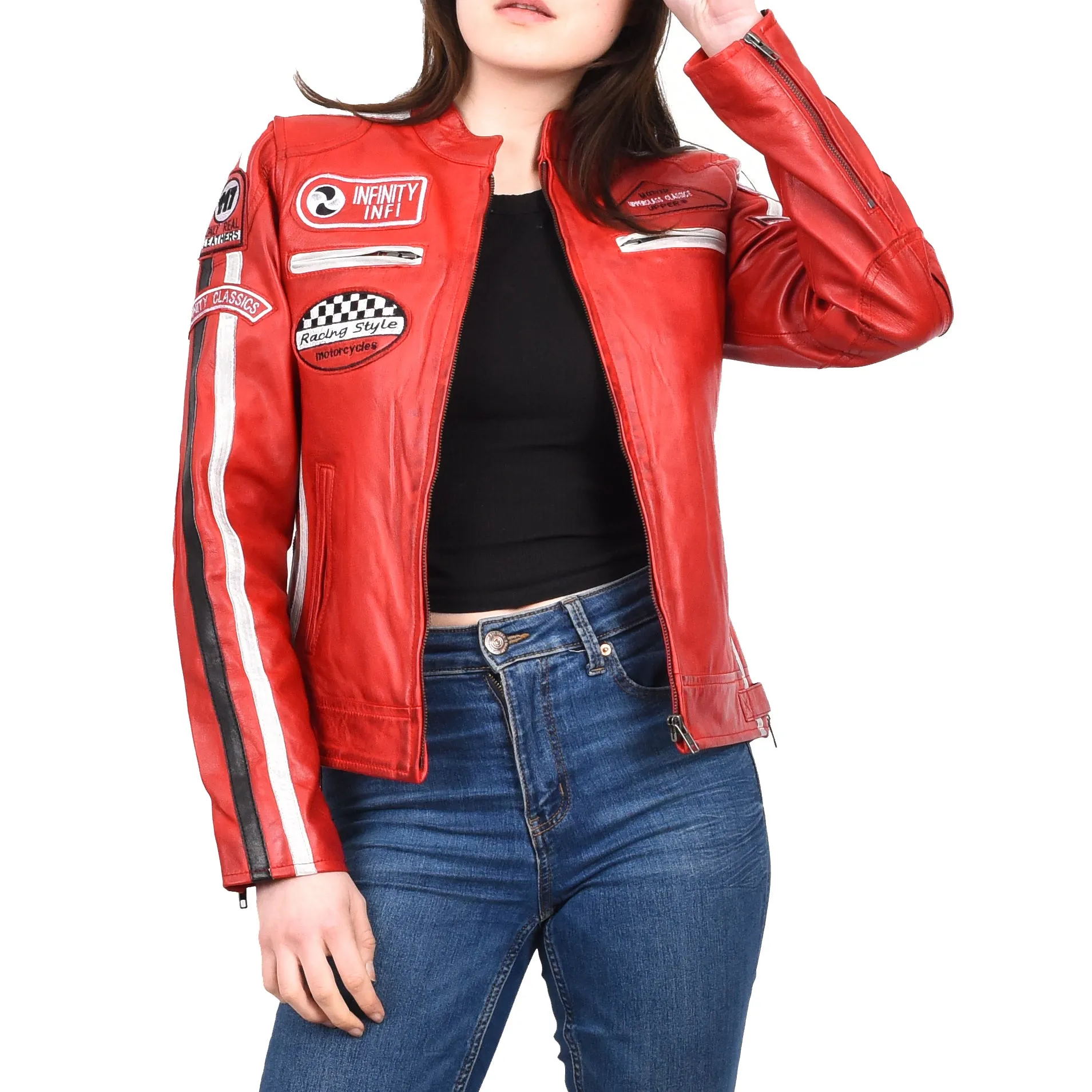 Women's Genuine Leather Biker Racing Badges Jacket Café Racer Red Rayne