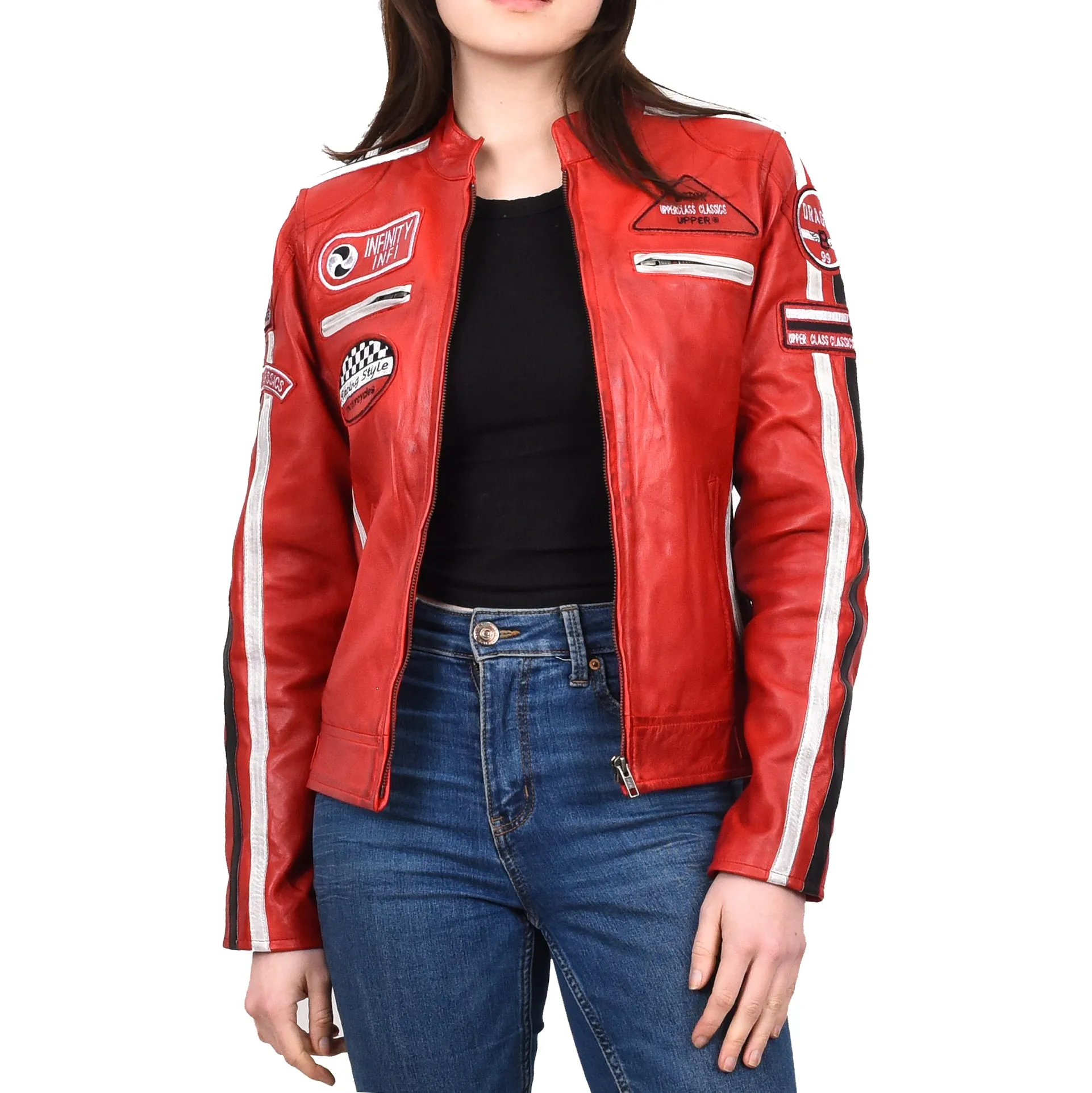 Women's Genuine Leather Biker Racing Badges Jacket Café Racer Red Rayne