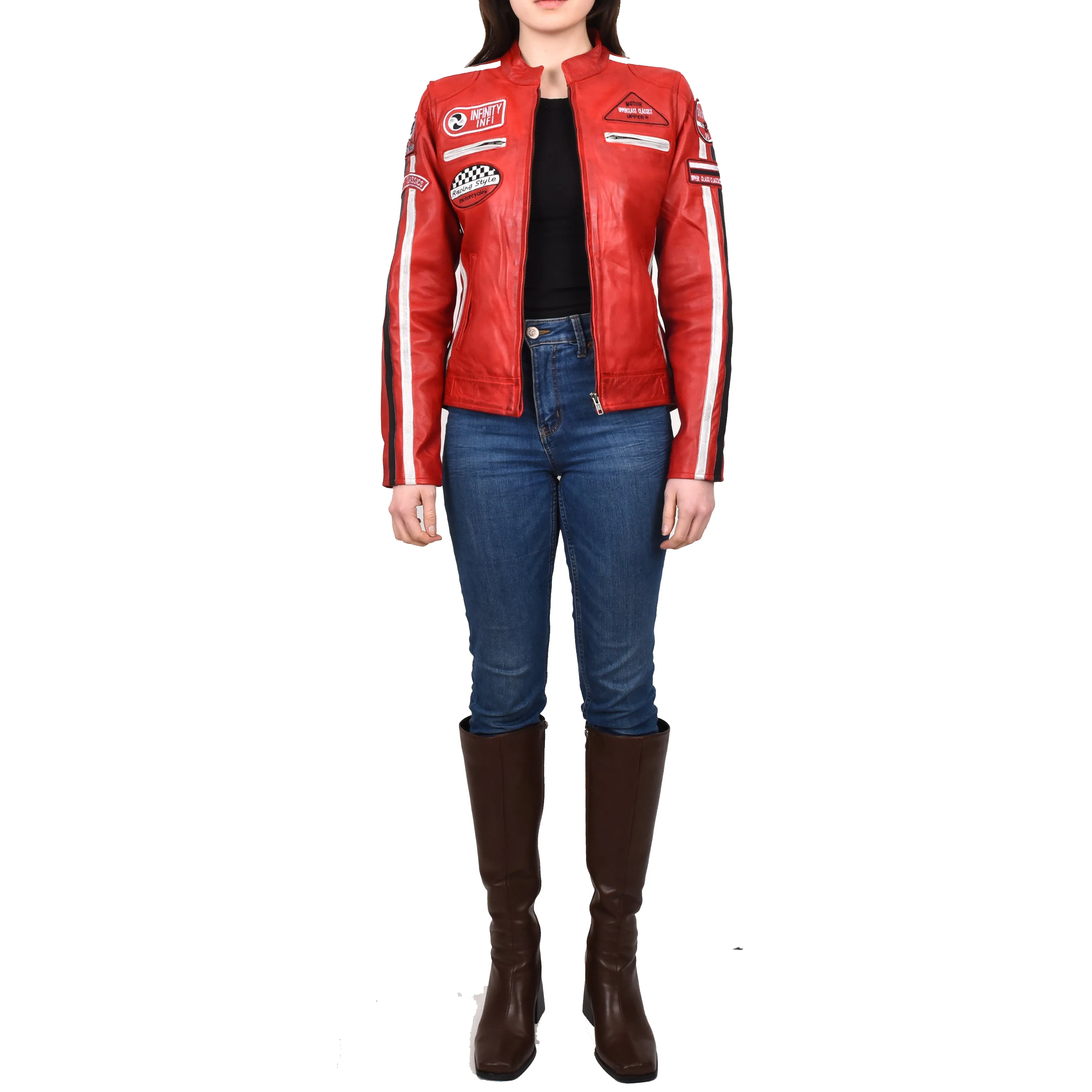 Women's Genuine Leather Biker Racing Badges Jacket Café Racer Red Rayne