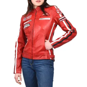 Women's Genuine Leather Biker Racing Badges Jacket Café Racer Red Rayne