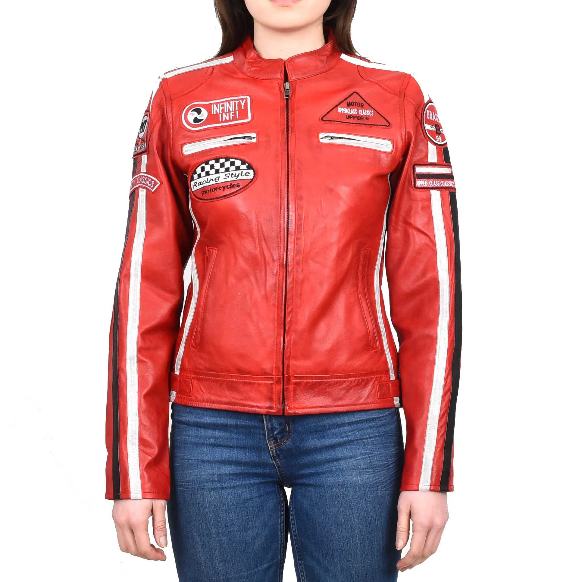 Women's Genuine Leather Biker Racing Badges Jacket Café Racer Red Rayne