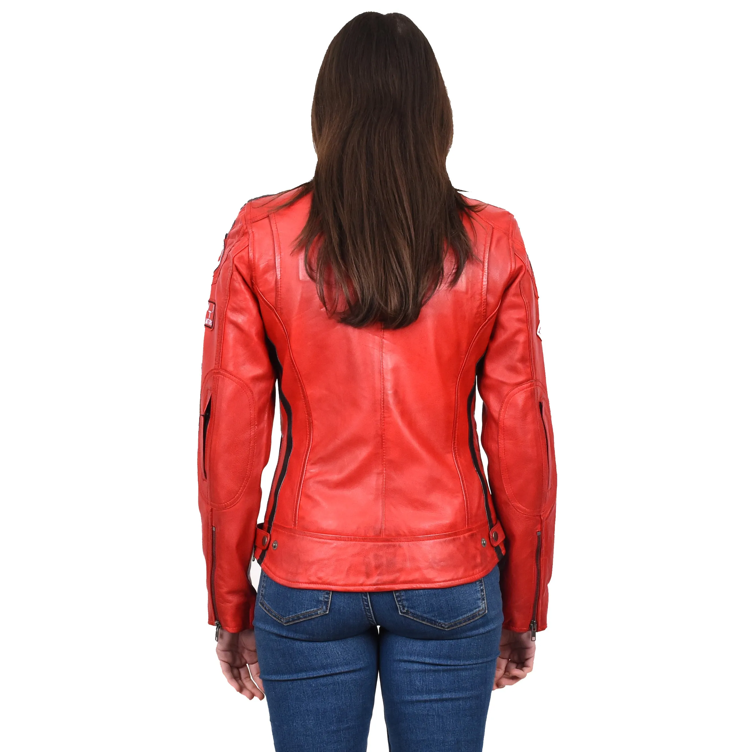 Women's Genuine Leather Biker Racing Badges Jacket Café Racer Red Rayne