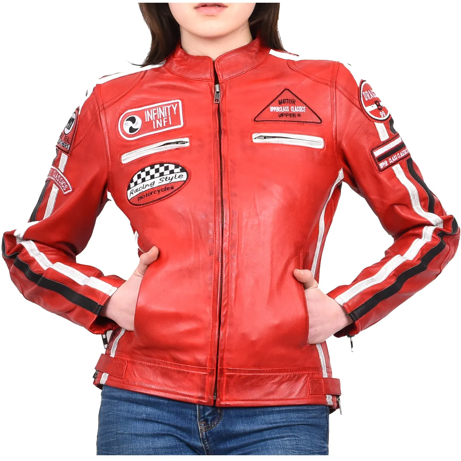 Women's Genuine Leather Biker Racing Badges Jacket Café Racer Red Rayne