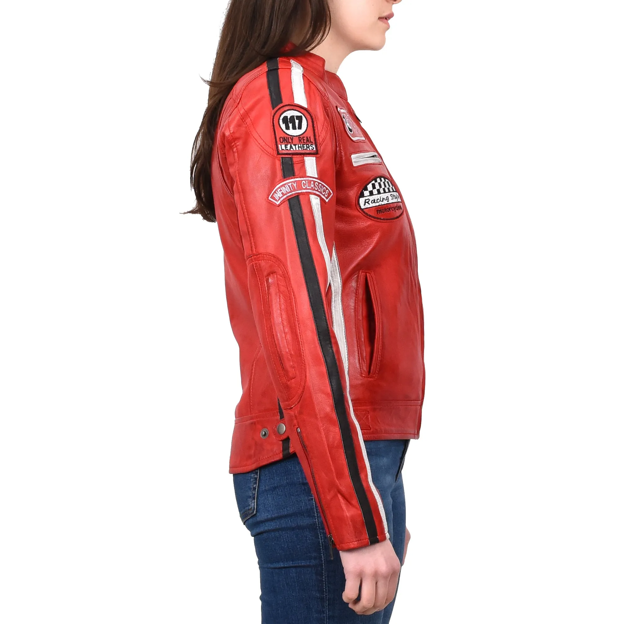 Women's Genuine Leather Biker Racing Badges Jacket Café Racer Red Rayne