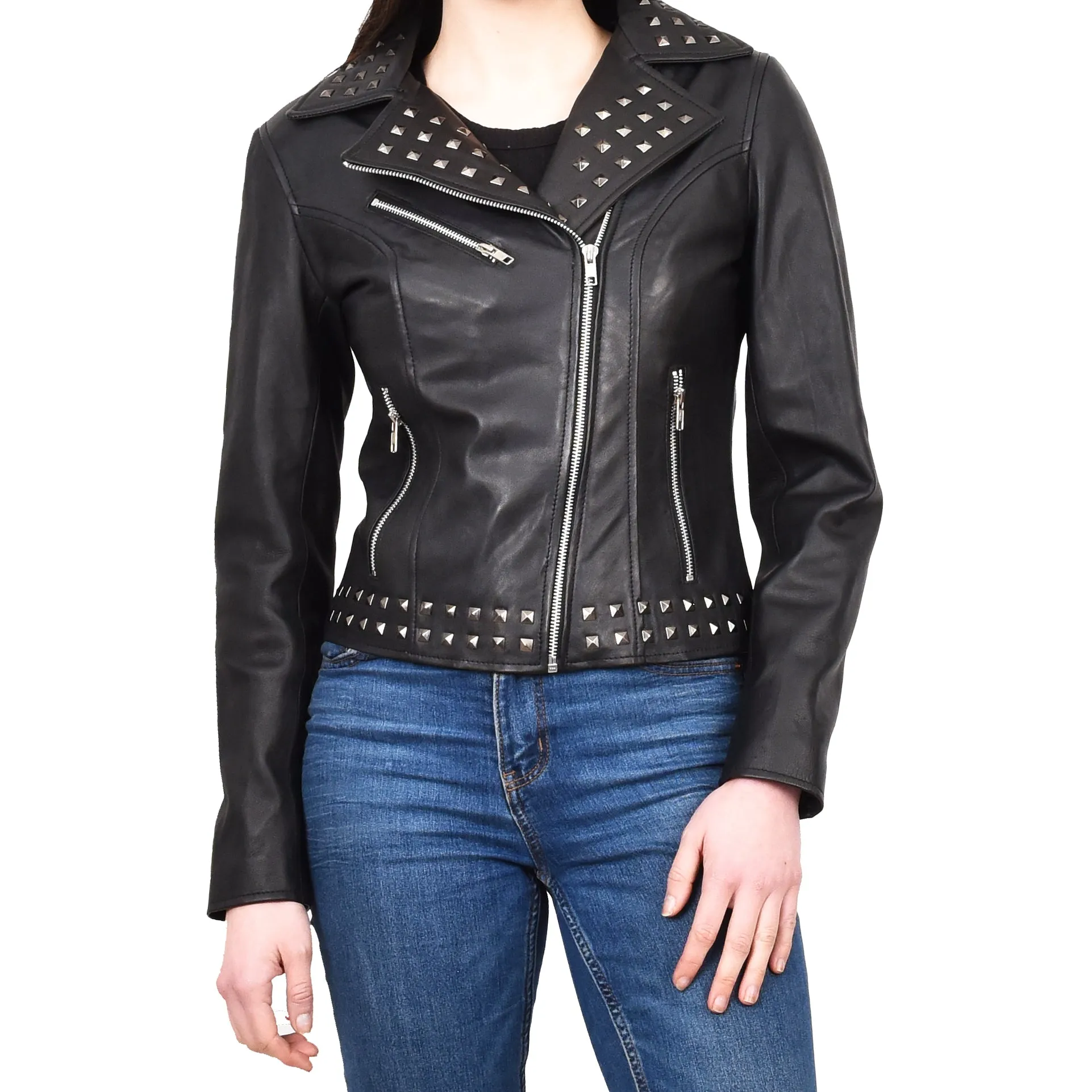 Women's Genuine Leather Studded Biker Jacket Short Fitted Hilla Black