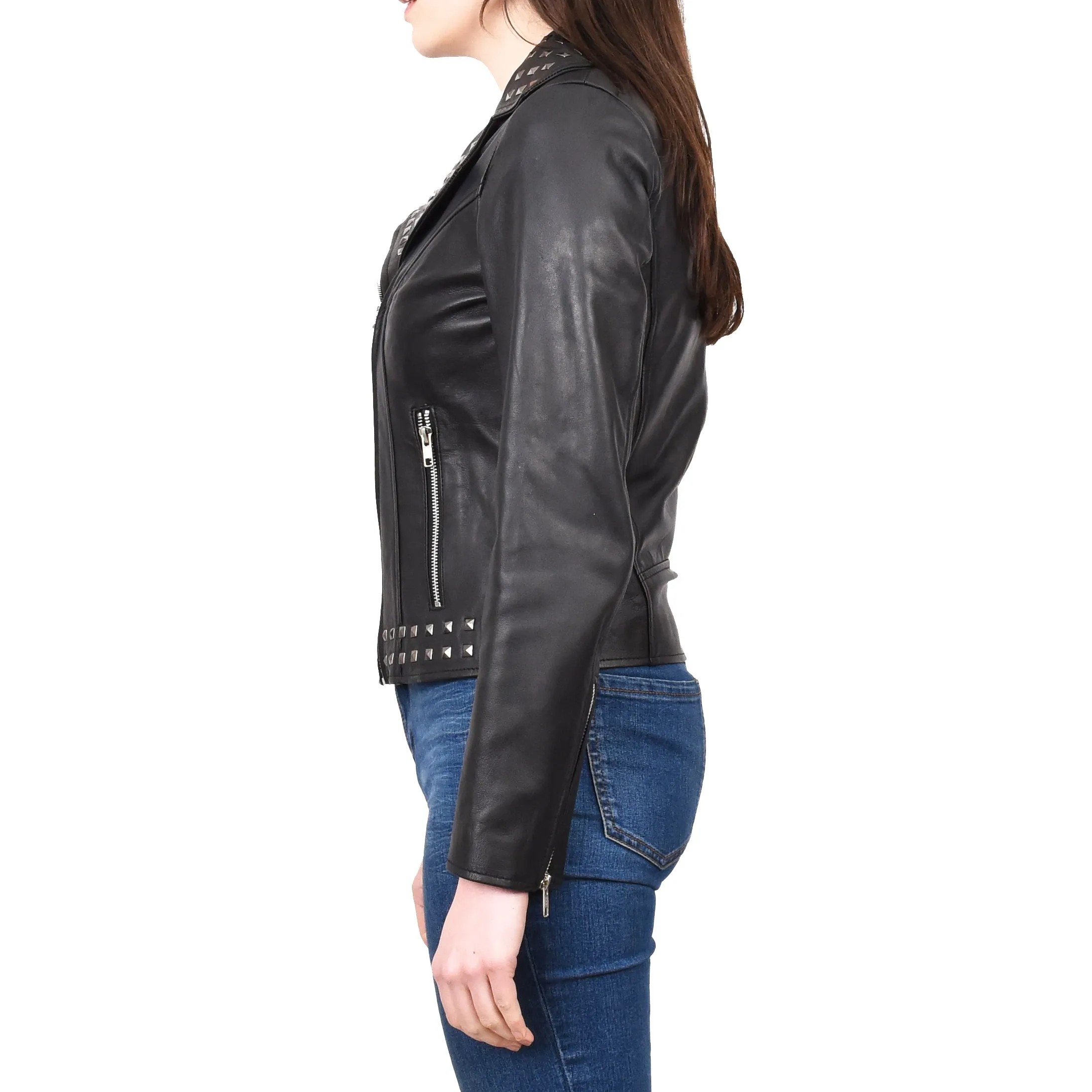 Women's Genuine Leather Studded Biker Jacket Short Fitted Hilla Black