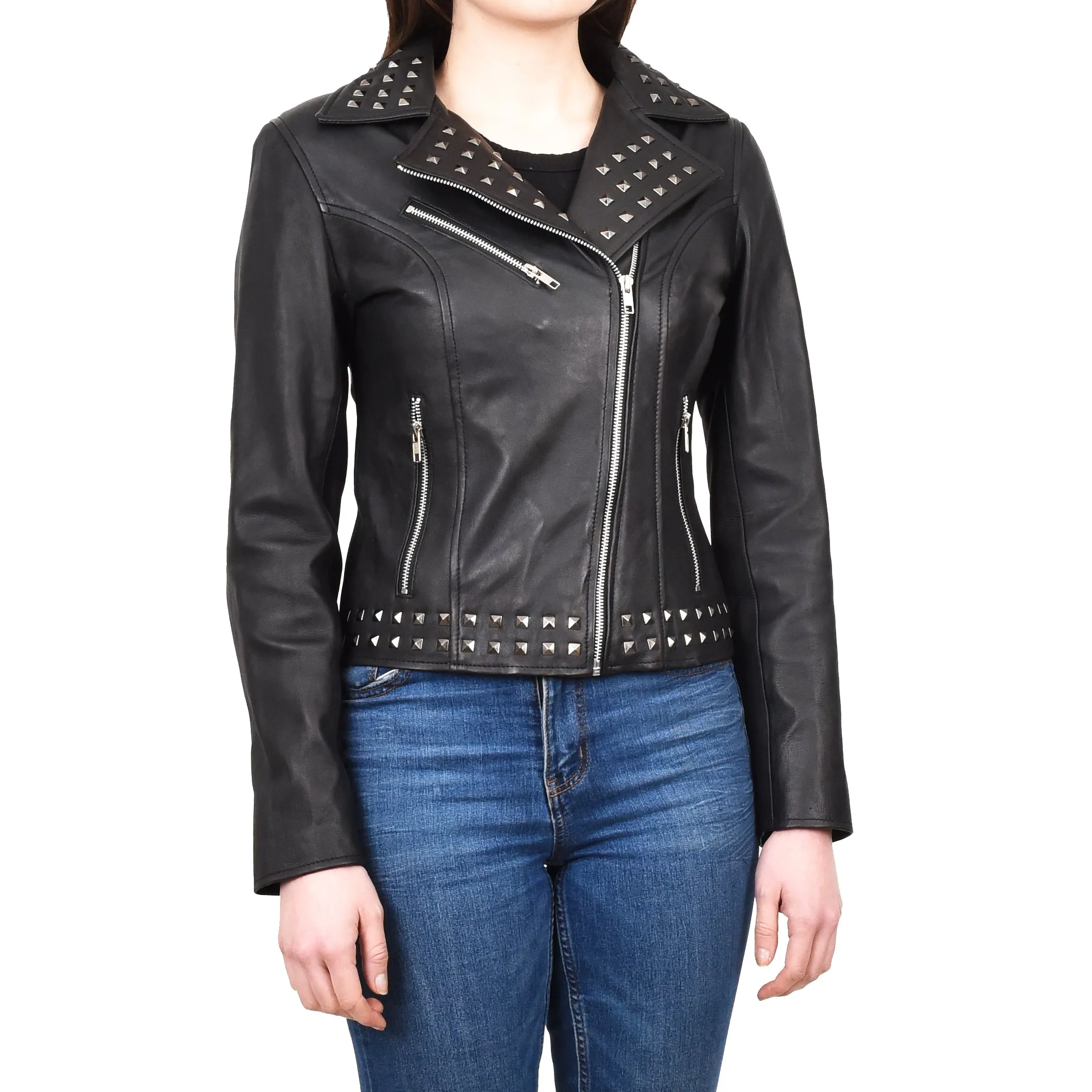 Women's Genuine Leather Studded Biker Jacket Short Fitted Hilla Black