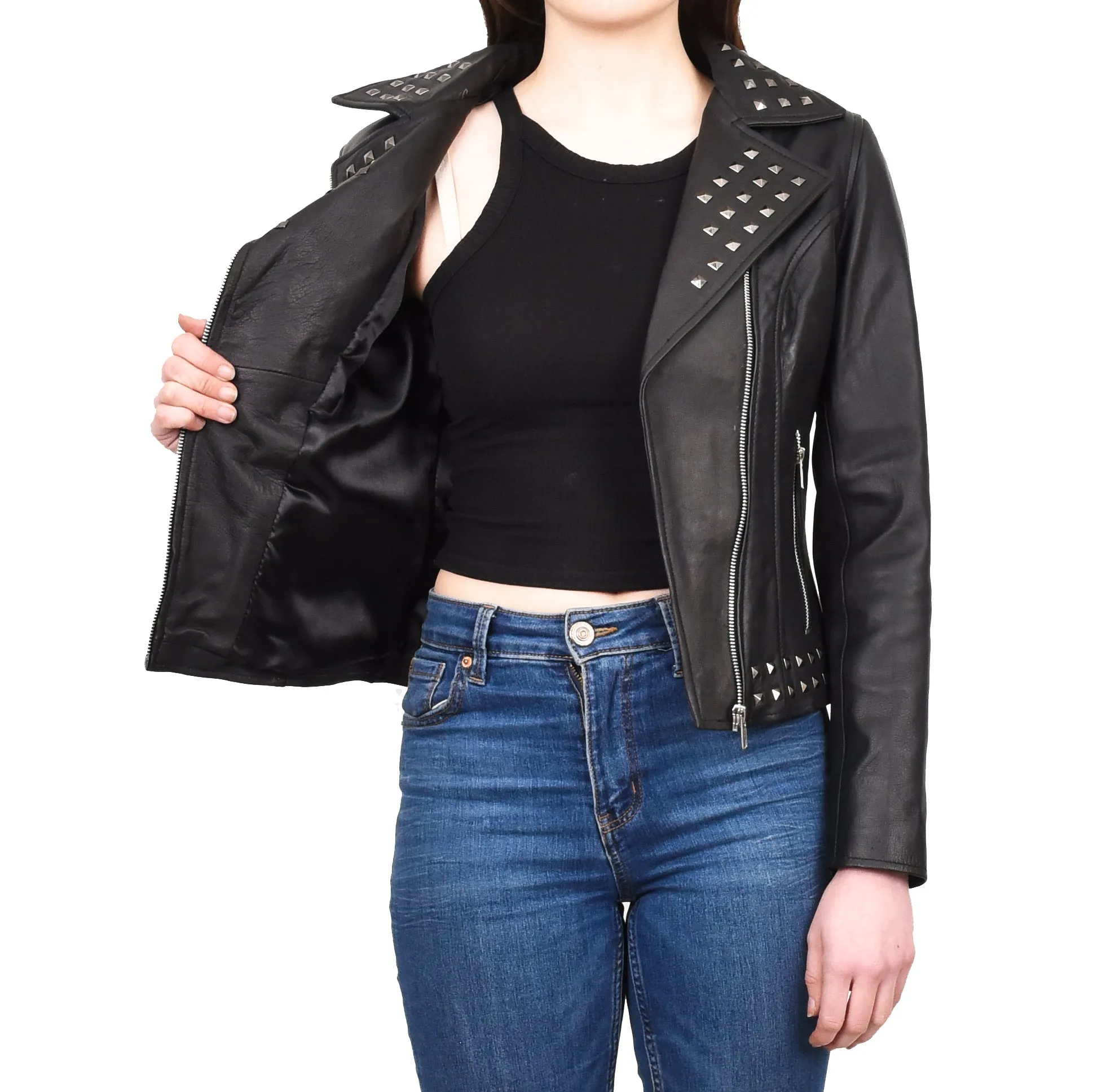 Women's Genuine Leather Studded Biker Jacket Short Fitted Hilla Black