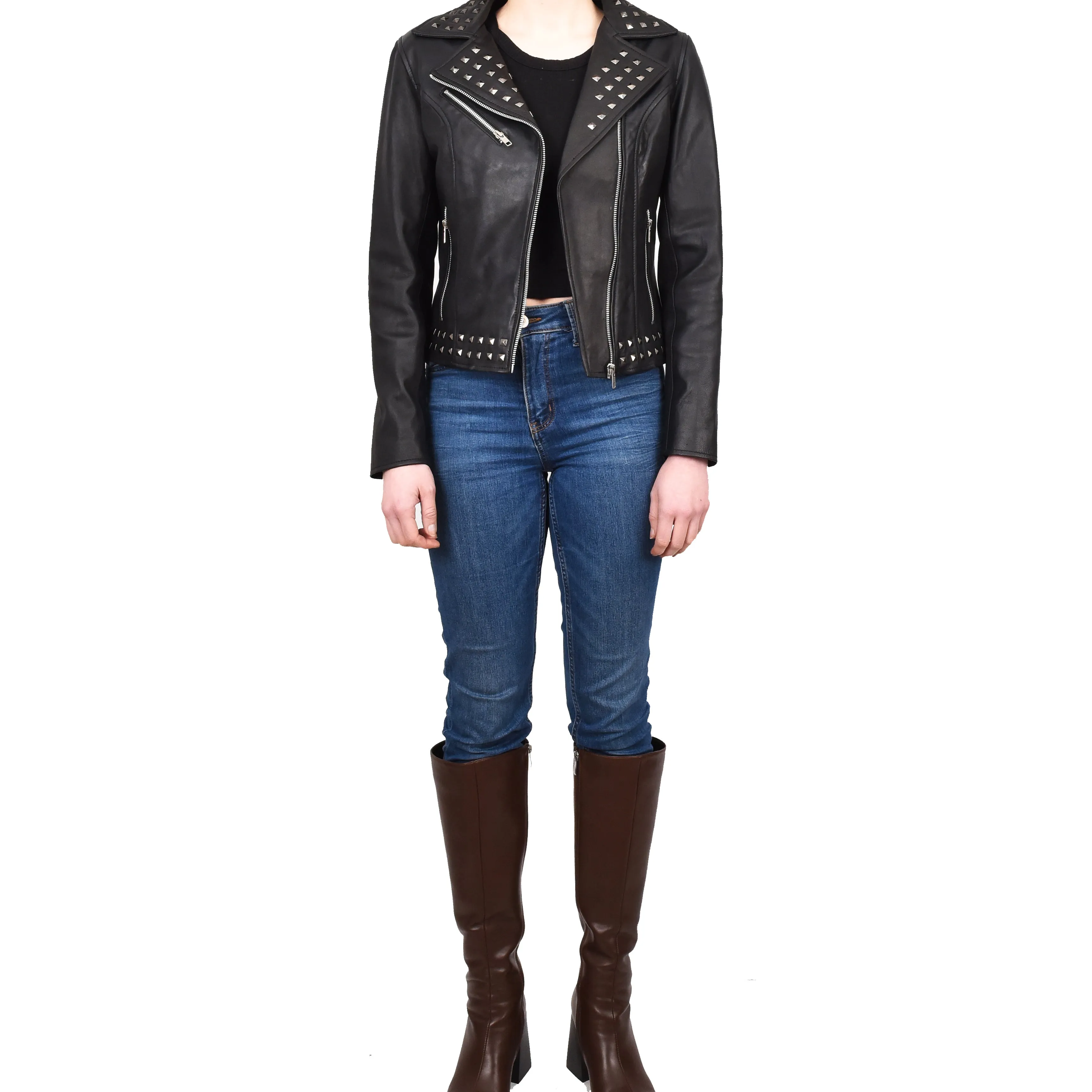 Women's Genuine Leather Studded Biker Jacket Short Fitted Hilla Black