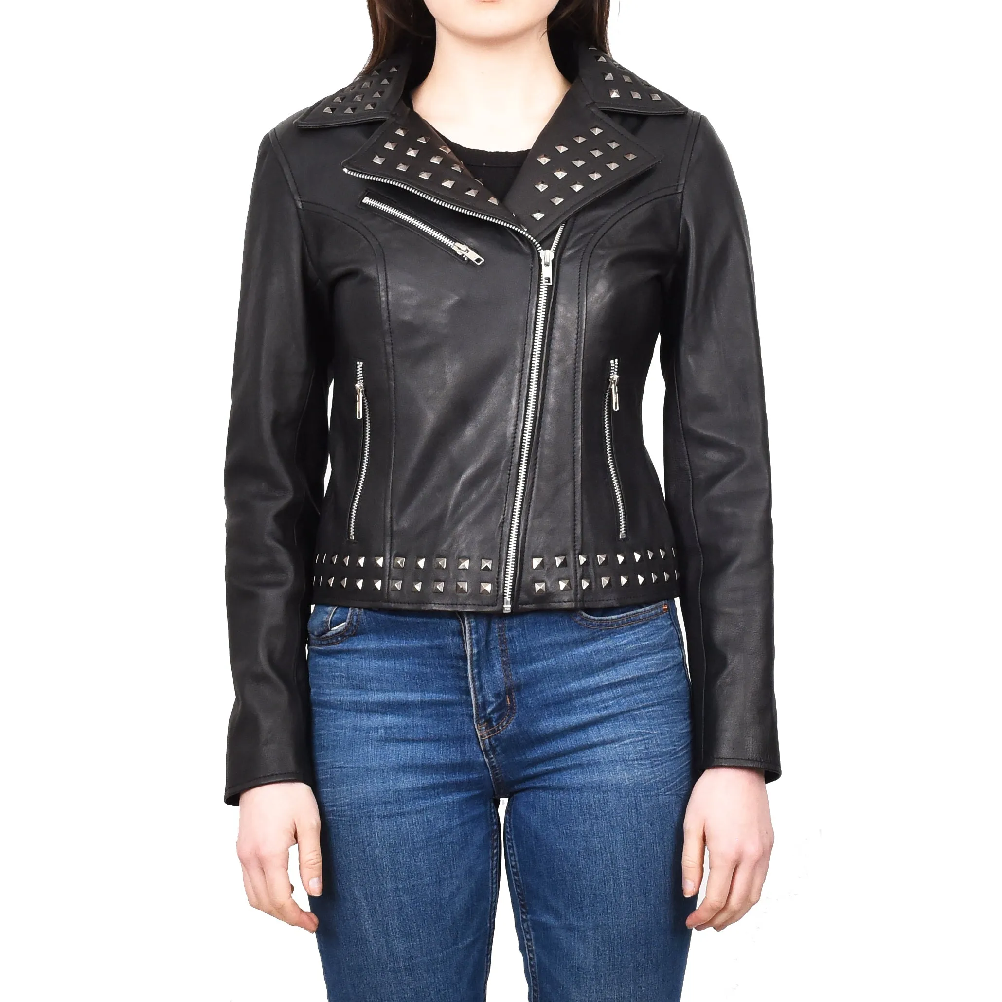 Women's Genuine Leather Studded Biker Jacket Short Fitted Hilla Black