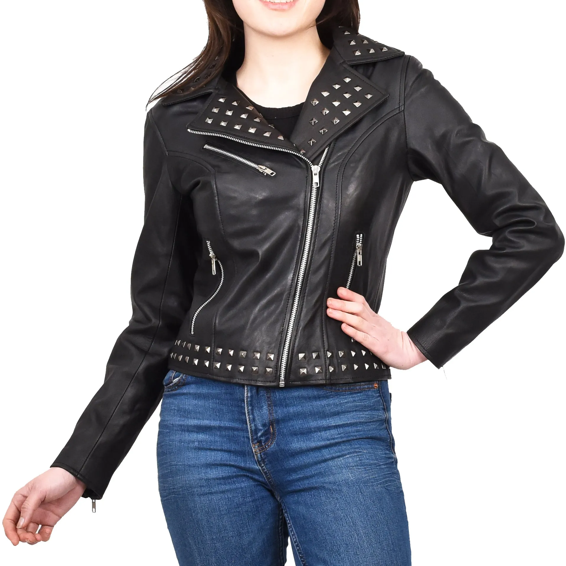 Women's Genuine Leather Studded Biker Jacket Short Fitted Hilla Black